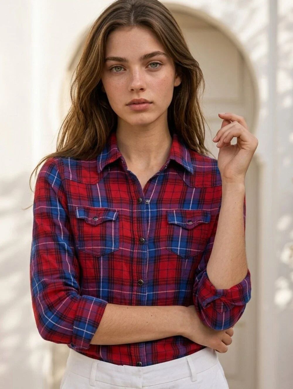 Fun & Flirt Red Plaid Western Snap Cotton Shirt Roll Snap Long Sleeves Small Top